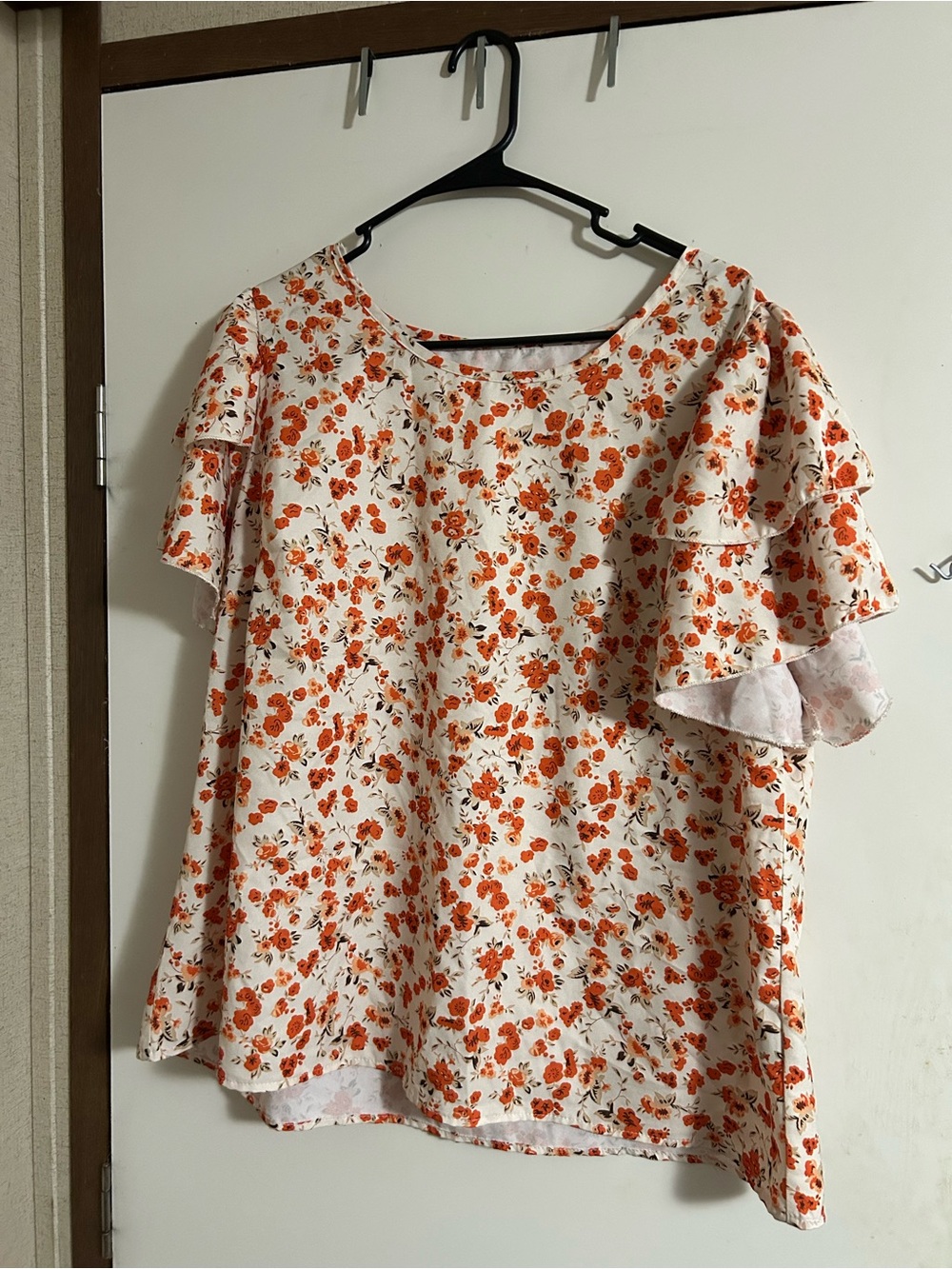 SHEIN Ivory Blouse with Orange Floral Print and Ruffle Sleeves
